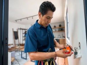 Electrician testing dimmer switches with multimeter