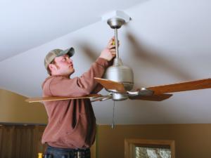Professional ceiling fan installation with fan rated electrical box