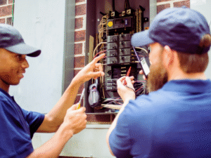 Two electricians testing circuit breaker in electrical panel