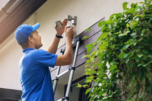 Electrician installing an exterior wall light fixture on a residential home